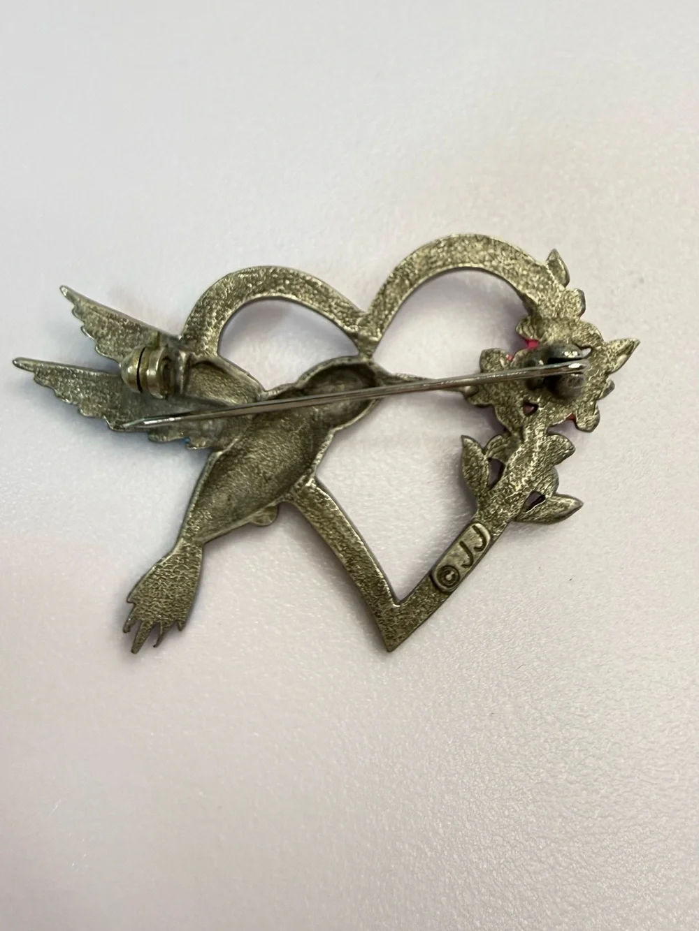 JJ Jonette Signed Hummingbird Silver Heart Brooch w/ Pink Flowers & Teal Wings